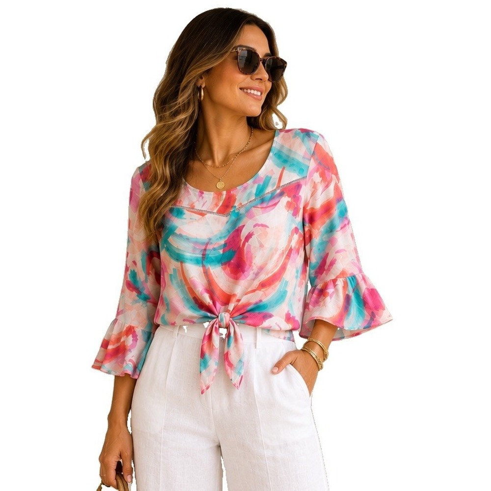 Women's Abstract Watercolor Tie Front Top Bell Sleeve Lightweight Blouse Size L